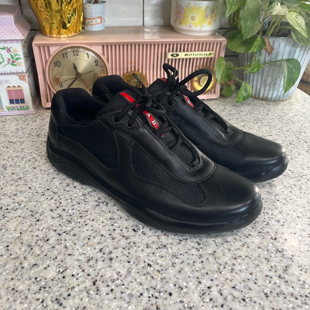 Vintage PRADA Americas Cup Black Leather Sneakers Rare Size 10.5